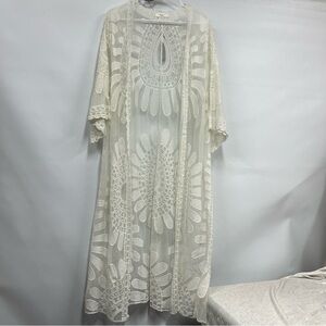 AWOO S-M white open cardigan coverup duster kimono lace embroidered